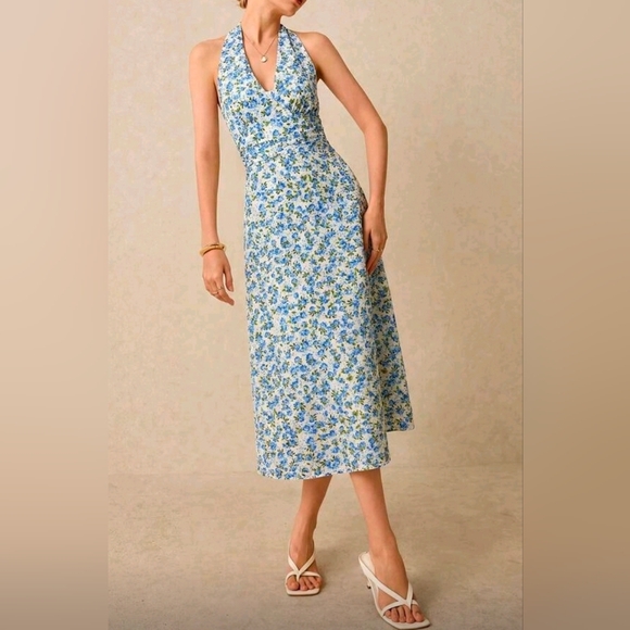 New Rose Floral Tie Halter Ruched Waist Midi Dress Blue White - Picture 2 of 10